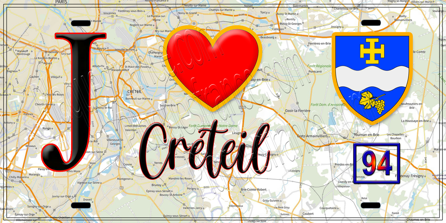 Plaque métal décorative J' ❤️ Créteil, Val de Marne (94)