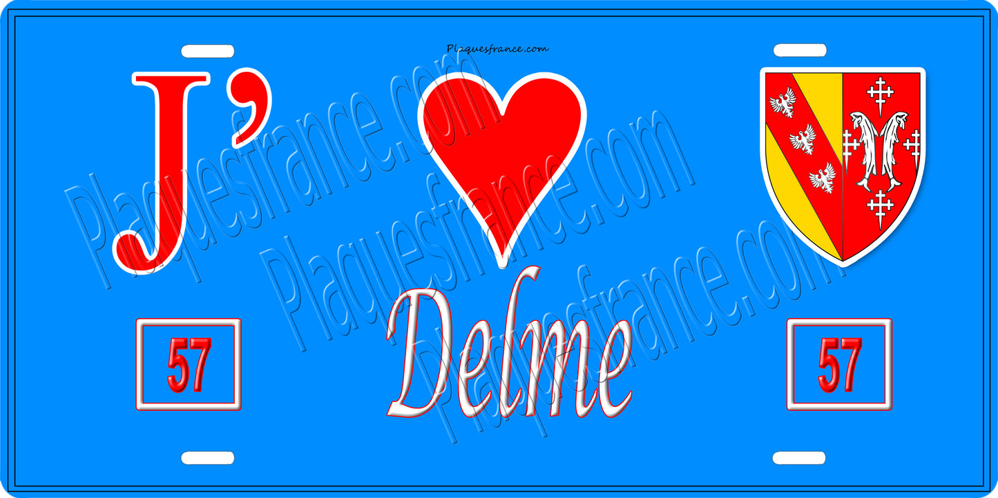 Plaque métal décorative 15 x 30 cm fond bleu 57 J' ❤️ Delme, canton du Saulnois Moselle 57