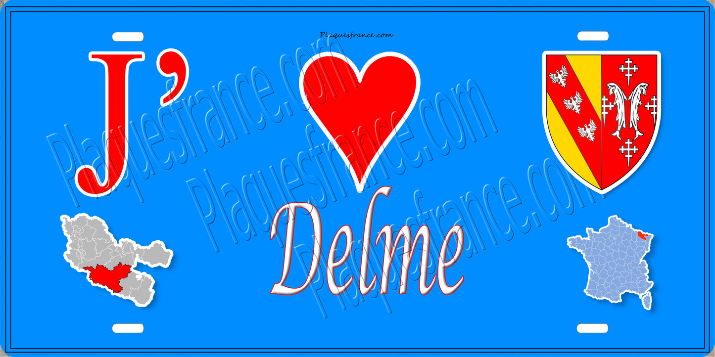 Plaque métal décorative 15 x 30 cm fond bleu carte J' ❤️ Delme, canton du Saulnois Moselle 57