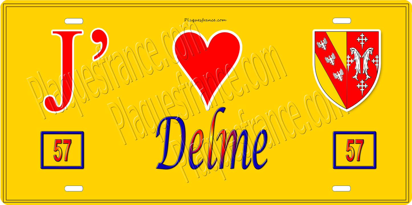 Plaque métal décorative 15 x 30 cm fond jaune 57 J' ❤️ Delme, canton du Saulnois Moselle 57