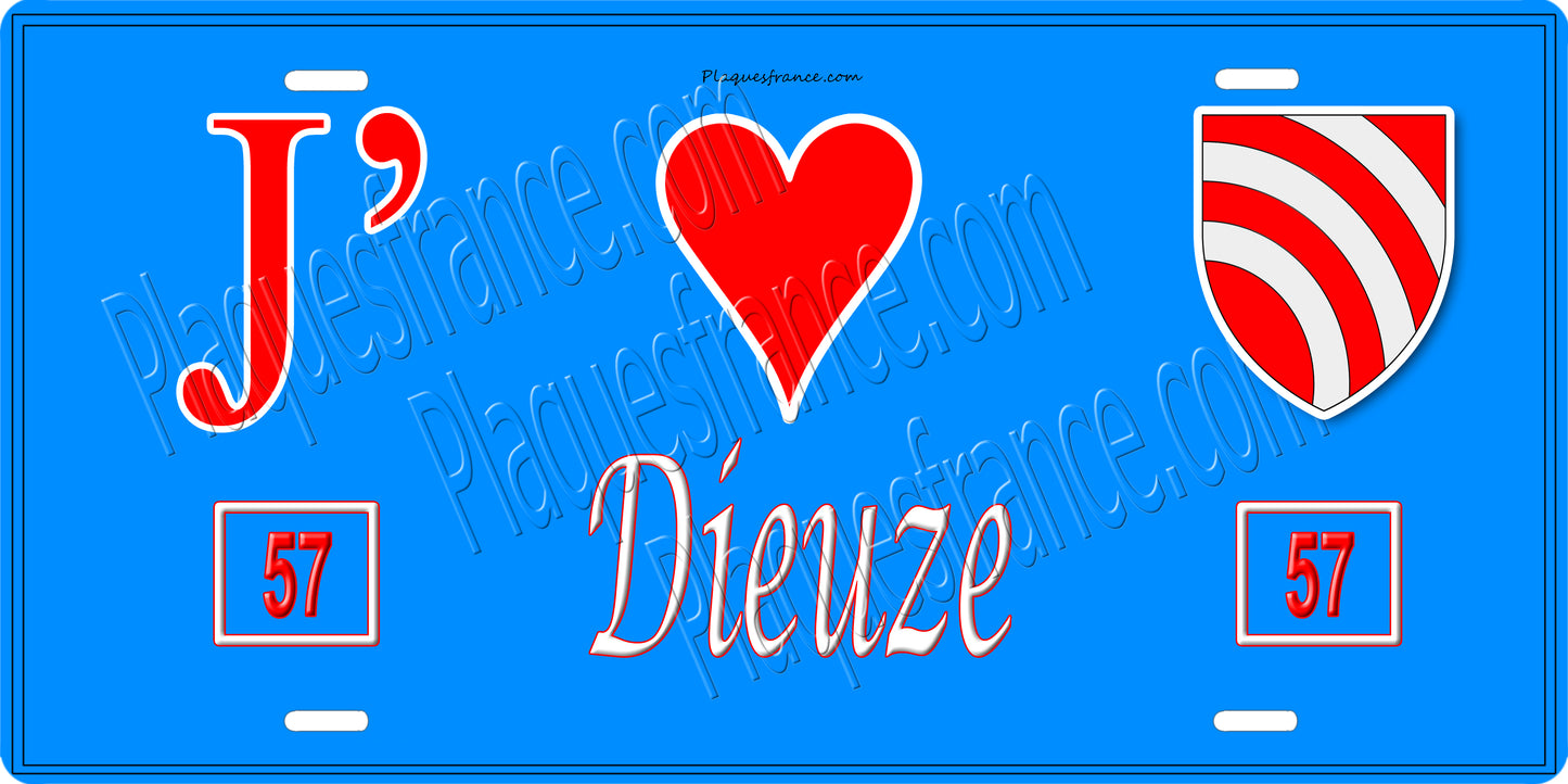 Plaque métal décorative 15 x 30 cm fond bleu 57 J' ❤️ Dieuze, canton du Saulnois Moselle 57