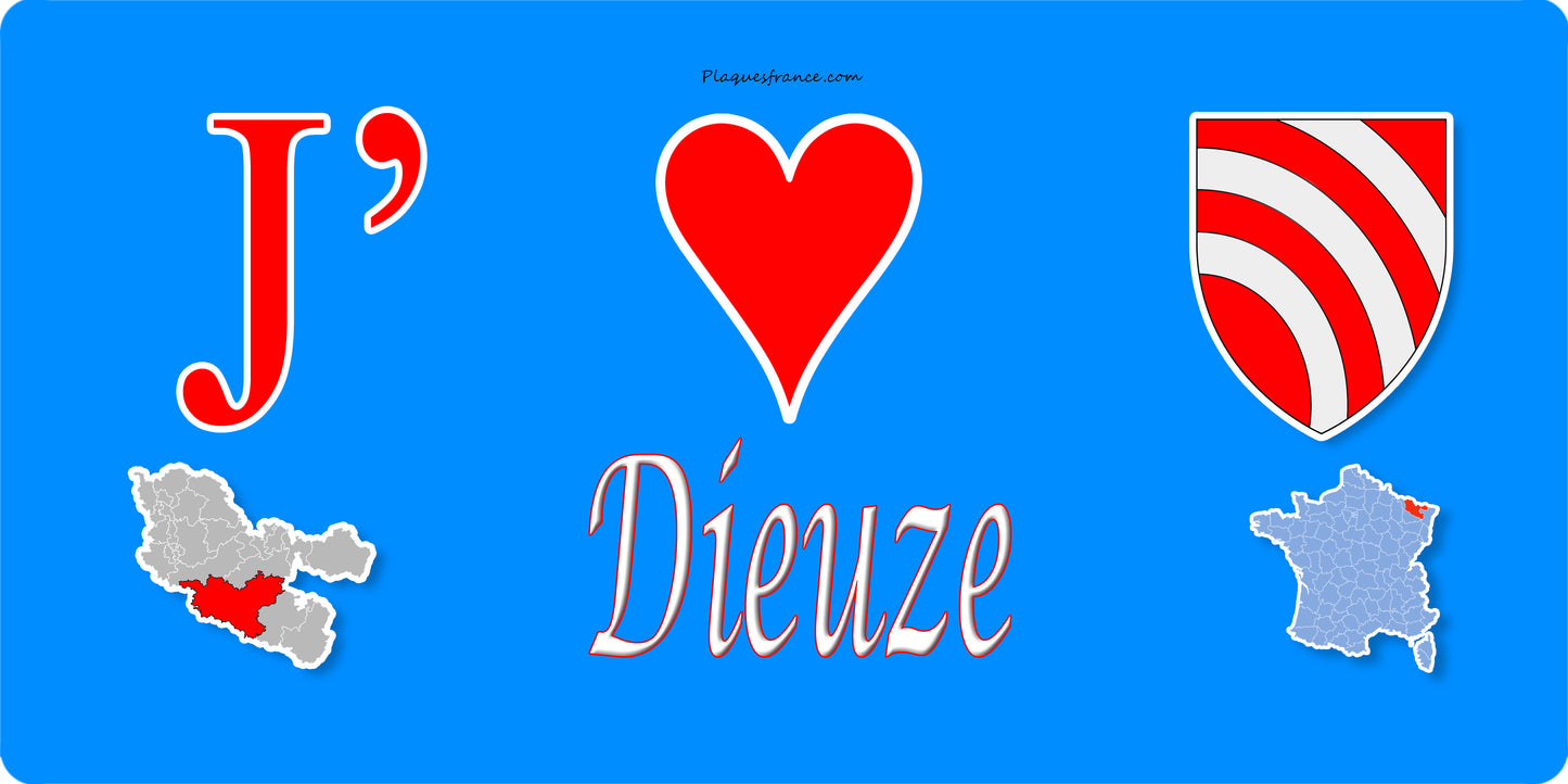 Plaque métal décorative 15 x 30 cm fond bleu carte J' ❤️ Dieuze, canton du Saulnois Moselle 57