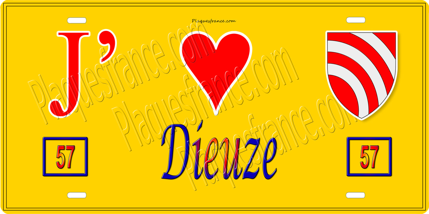 Plaque métal décorative 15 x 30 cm fond jaune 57 J' ❤️ Dieuze, canton du Saulnois Moselle 57