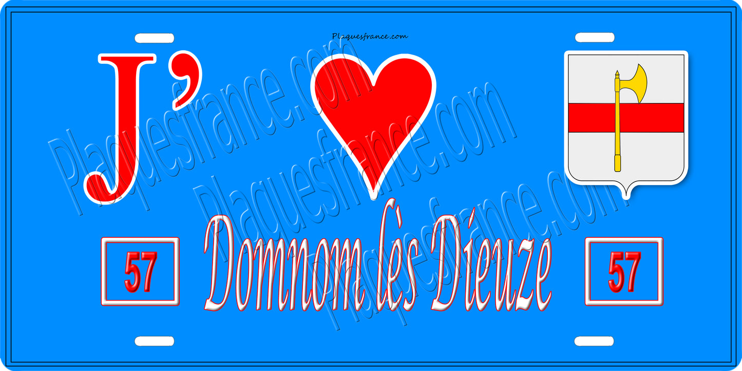 Plaque métal décorative 15 x 30 cm fond bleu 57 J' ❤️ Domnom lès Dieuze, canton du Saulnois Moselle 57