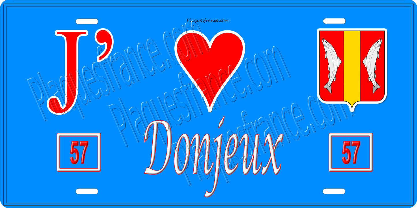 Plaque métal décorative 15 x 30 cm fond bleu 57 J' ❤️ Donjeux, canton du Saulnois Moselle 57