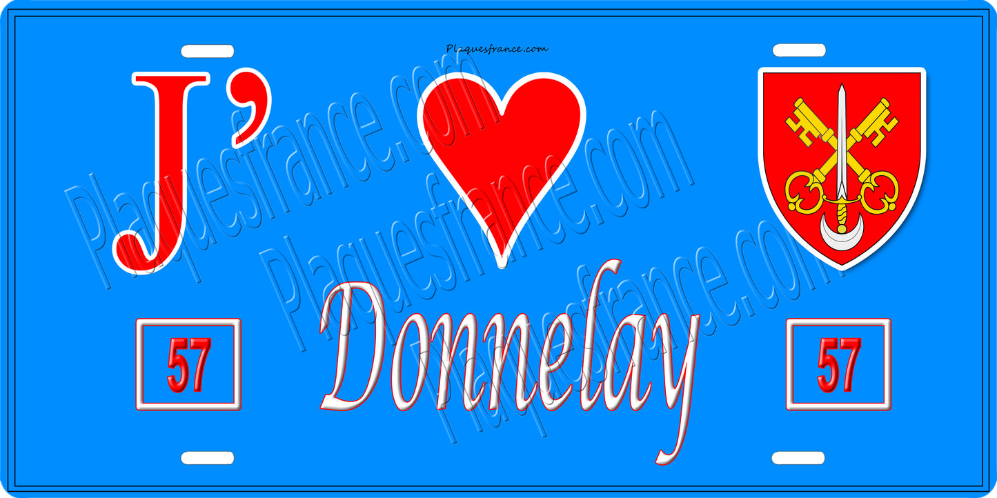 Plaque métal décorative 15 x 30 cm fond bleu 57 J' ❤️ Donnelay, canton du Saulnois Moselle 57