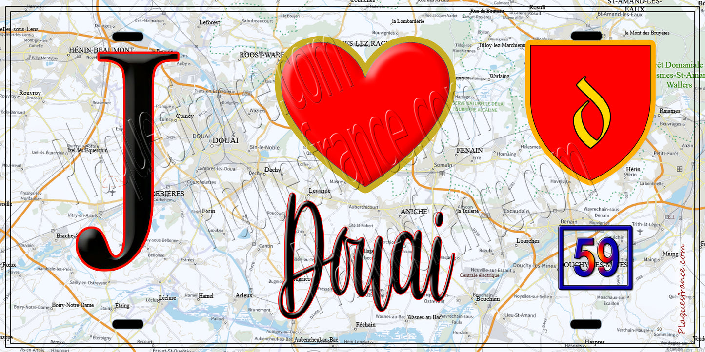 Plaque métal décorative, J' ❤️Douai, Nord (59)