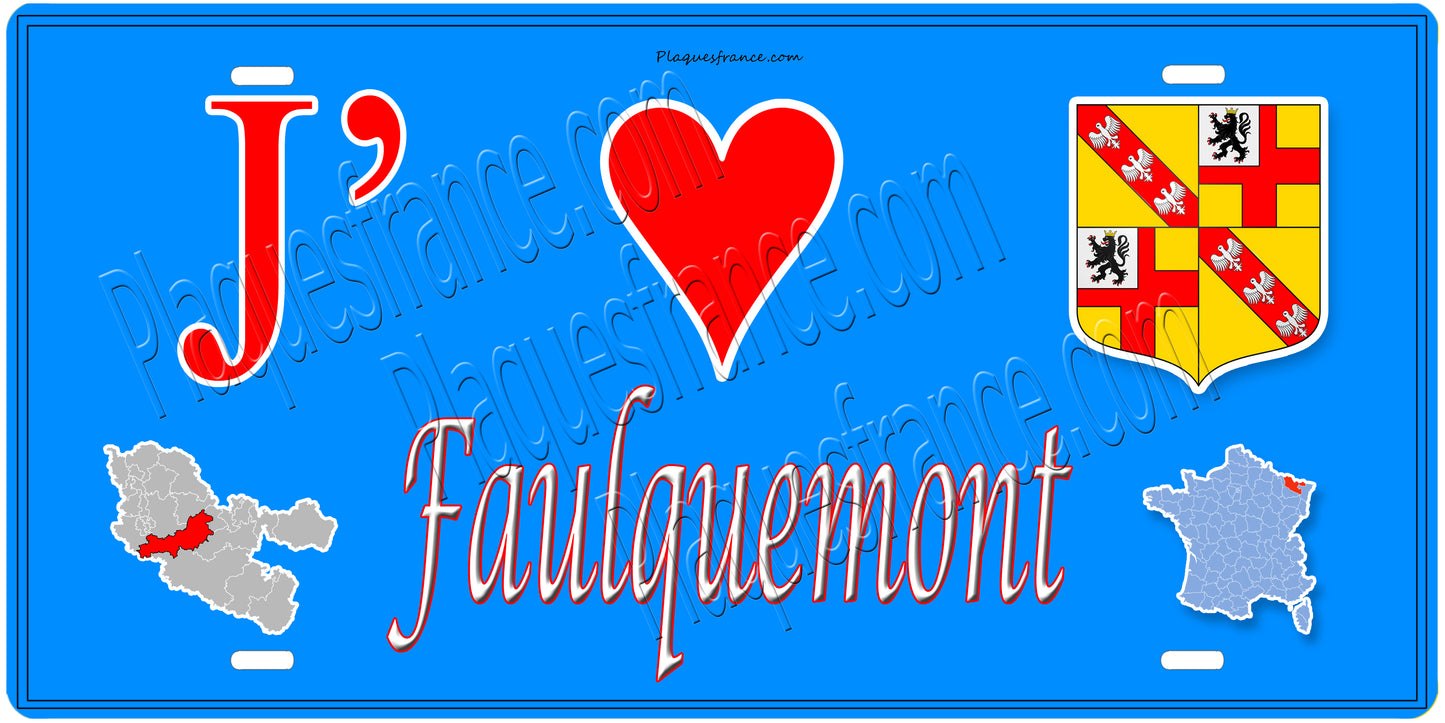 Plaque métal décorative 15 x 30 cm fond mur bleu carte J' ❤️Faulquemont, canton Faulquemont 57