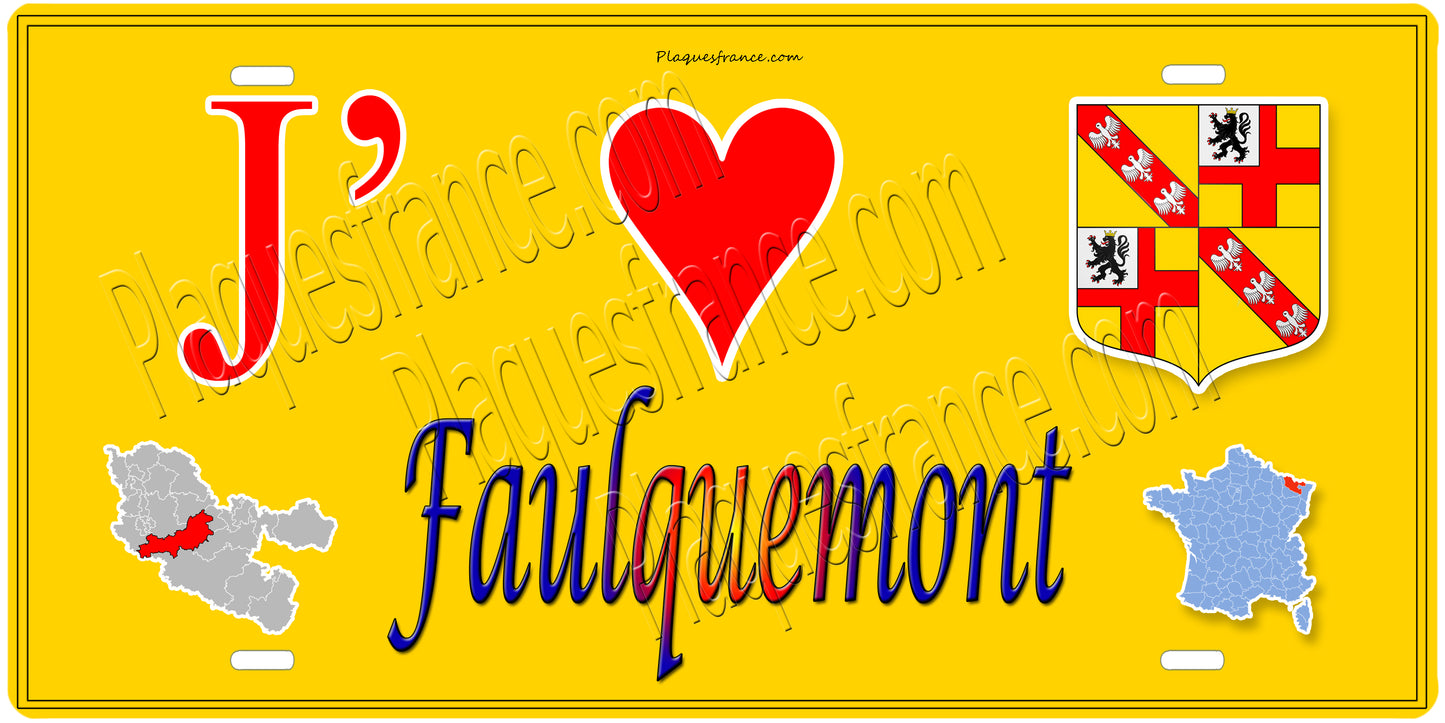 Plaque métal décorative 15 x 30 cm fond mur jaune carte J' ❤️Faulquemont, canton Faulquemont 57