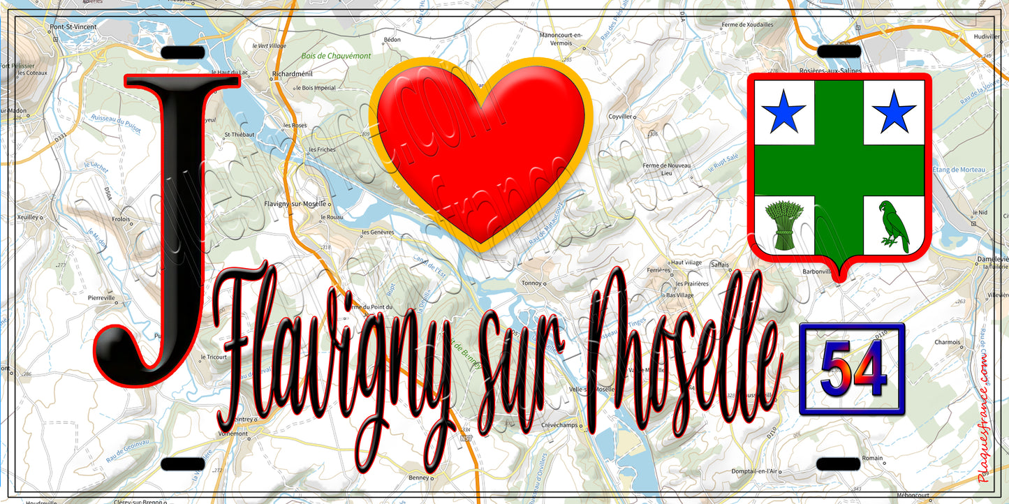 Plaque métal décorative J' ❤️ Flavigny-sur-Moselle, Meurthe et Moselle (54)