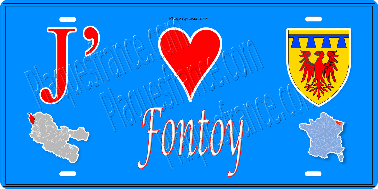 Plaque métal décorative 15 x 30 cm fond mur bleu carte J' ❤️ Fontoy, canton Algrange Moselle 57
