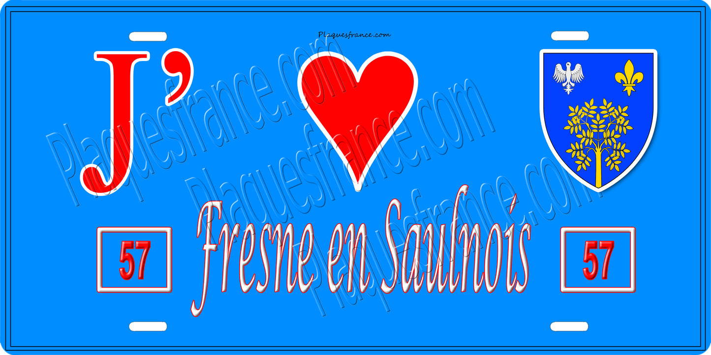 Plaque métal décorative 15 x 30 cm fond bleu 57 J' ❤️ Fresne en Saulnois, canton du Saulnois Moselle 57