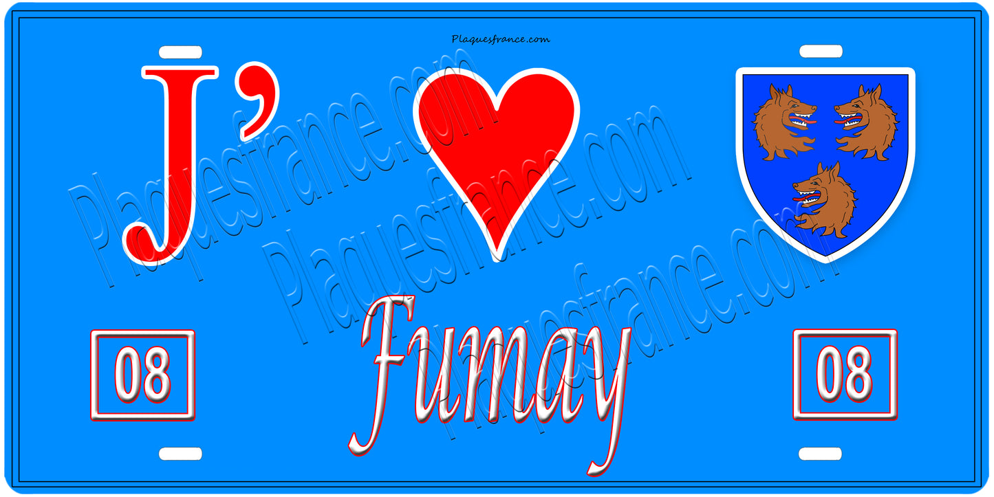 Plaque métal décorative, J' ❤️Fumay, Ardennes, fond mur bleu 08