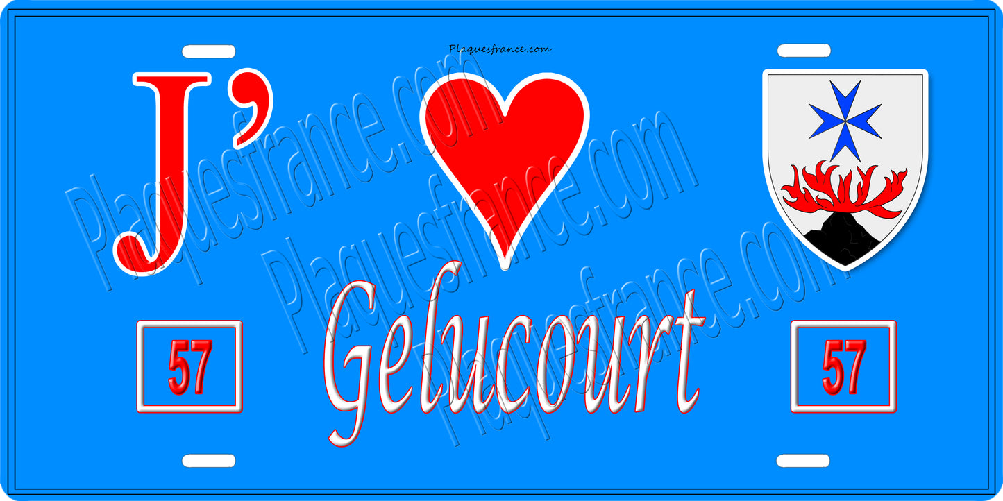 Plaque métal décorative 15 x 30 cm fond bleu 57 J' ❤️ Gelucourt, canton du Saulnois Moselle 57