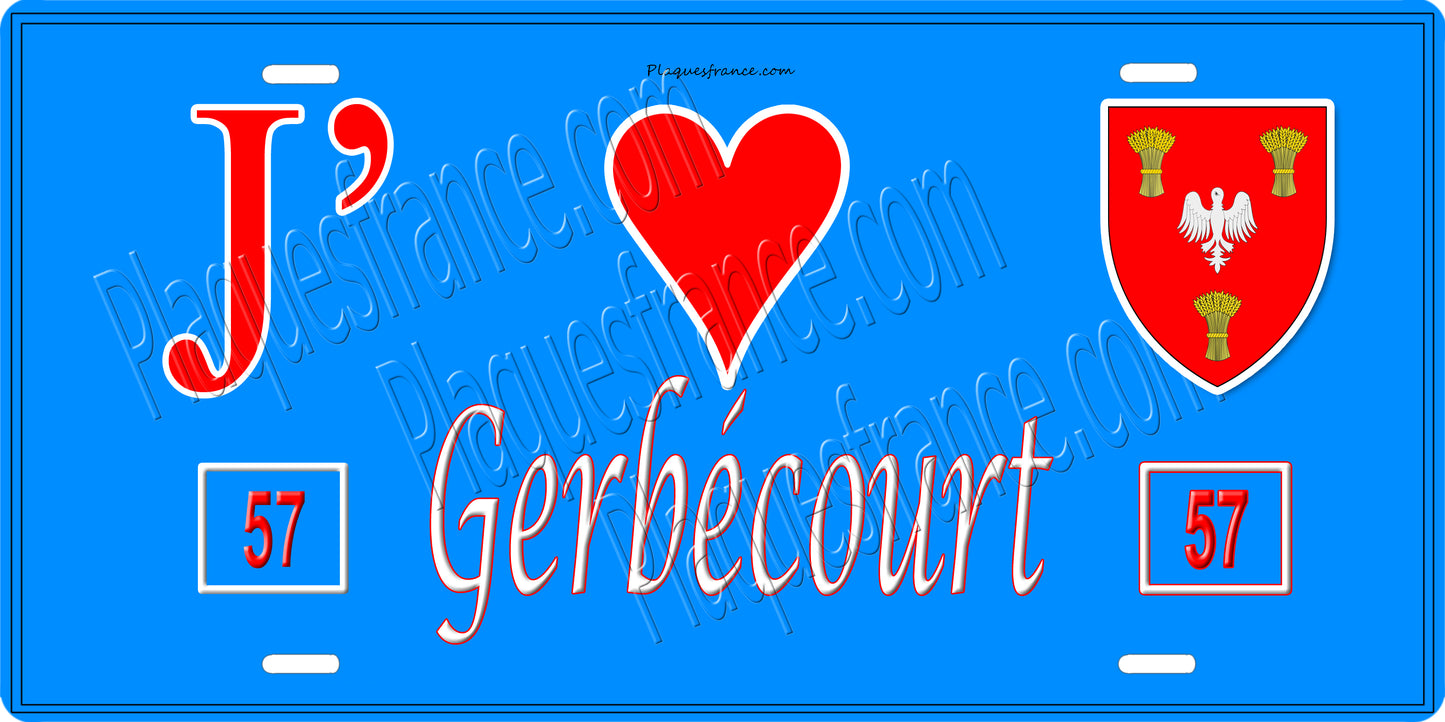 Plaque métal décorative 15 x 30 cm fond bleu 57 J' ❤️ Gerbecourt, canton du Saulnois Moselle 57