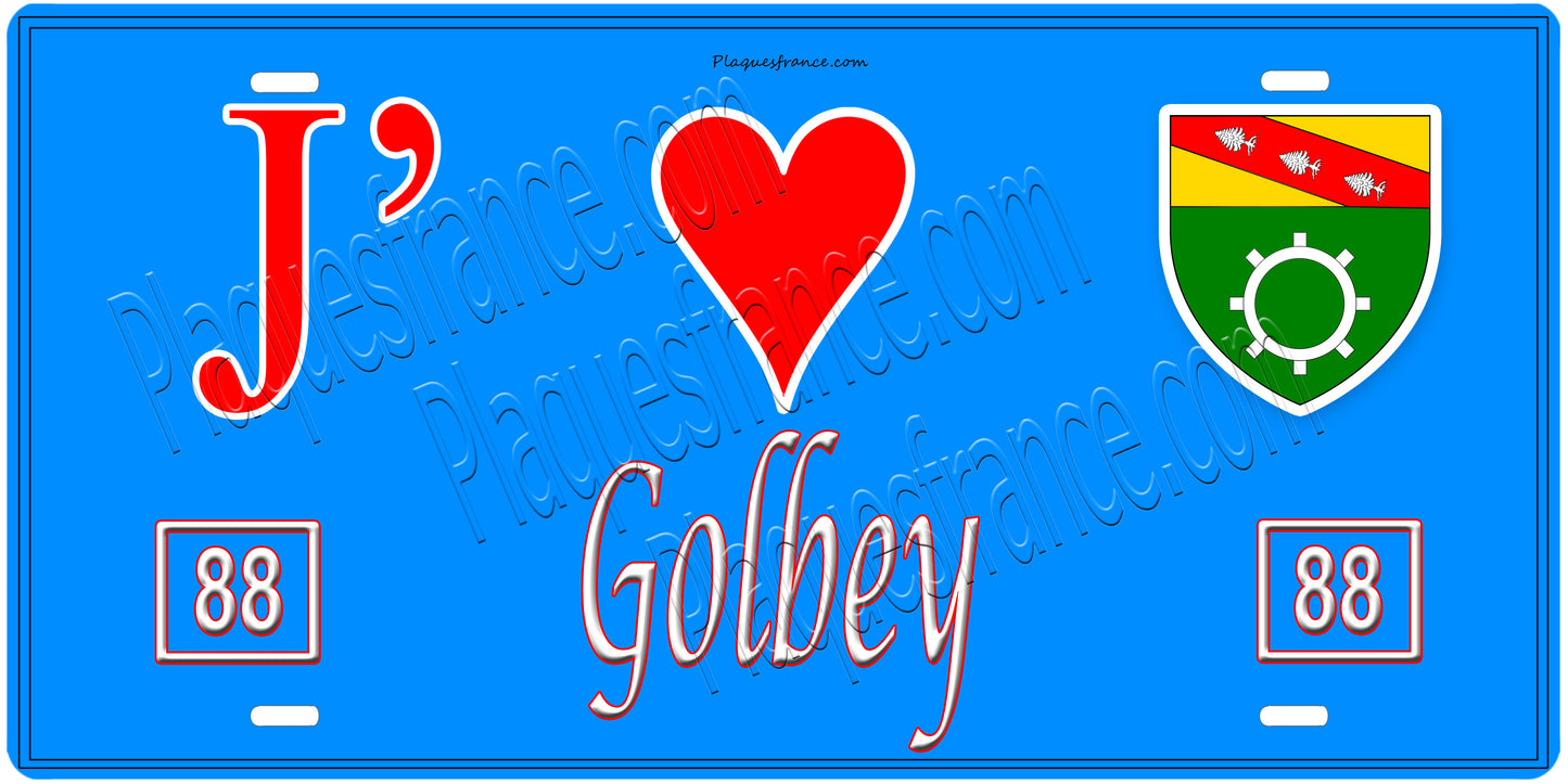 Plaque métal décorative, J' ❤️Golbey, fond mur bleu 88