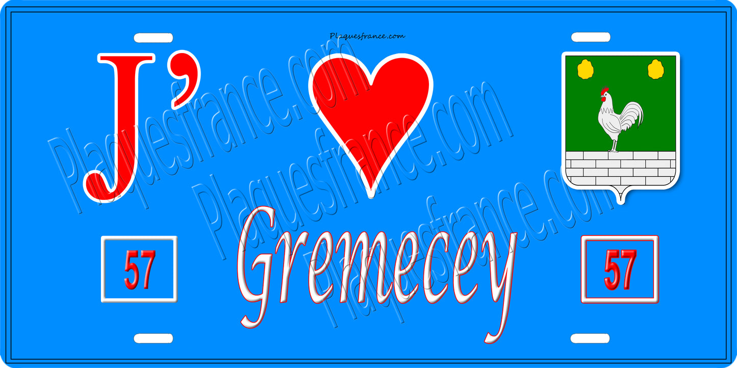 Plaque métal décorative 15 x 30 cm fond bleu 57 J' ❤️ Gremecey, canton du Saulnois Moselle 57