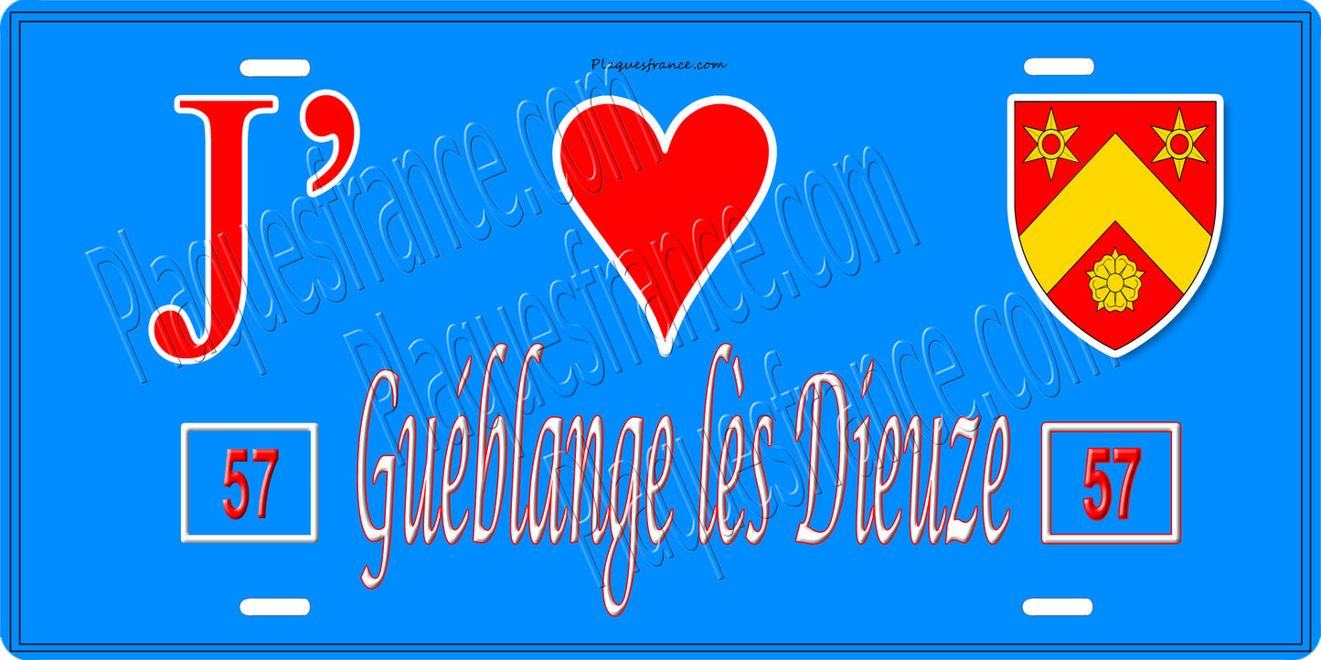 Plaque métal décorative 15 x 30 cm fond bleu 57 J' ❤️ Gueblange lès Dieuze, canton du Saulnois Moselle 57