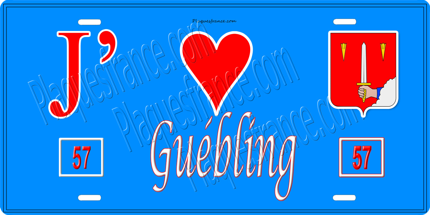 Plaque métal décorative 15 x 30 cm fond bleu 57 J' ❤️ Guebling, canton du Saulnois Moselle 57
