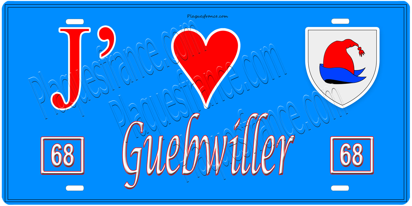 Plaque métal décorative, J' ❤️Guebwiller, Haut Rhin, fond mur bleu 68
