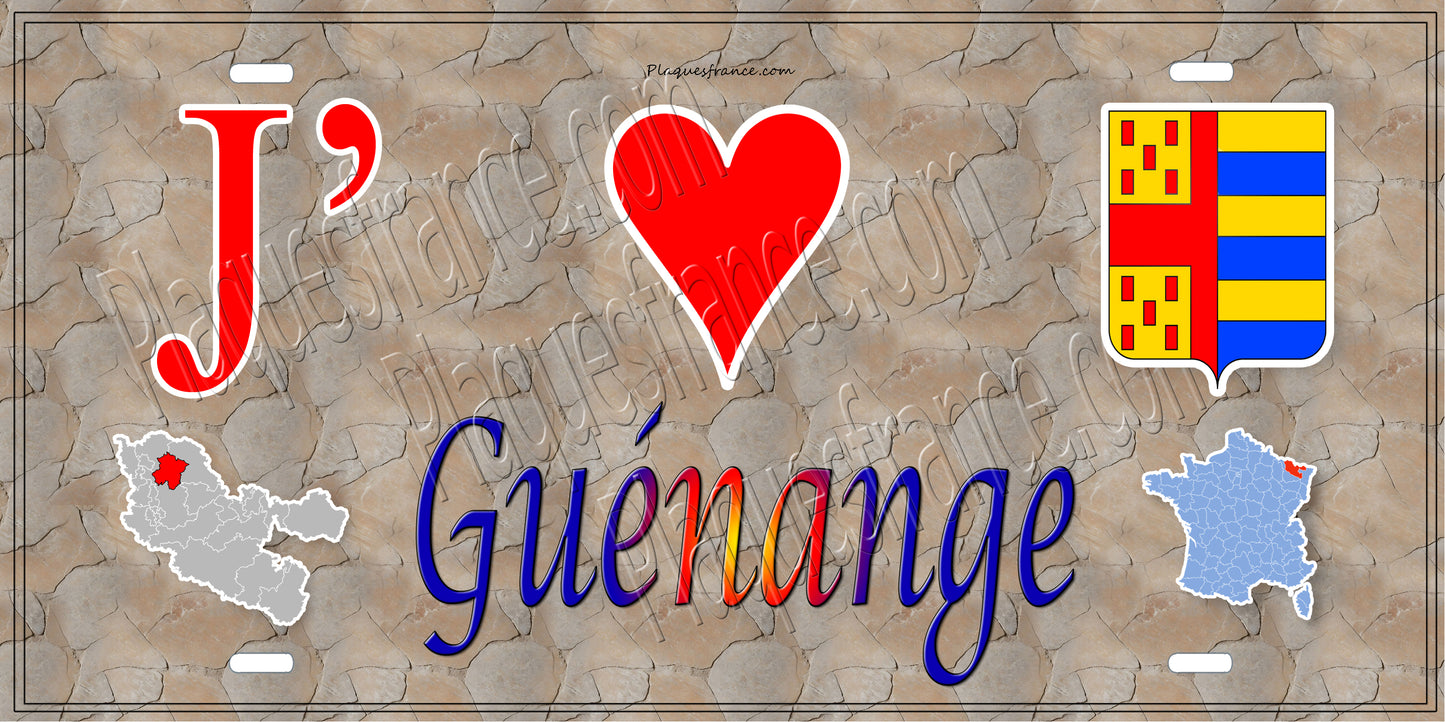Plaque métal décorative 15 x 30 cm fond mur antique carte J' ❤️ Guénange, canton Metzervisse Moselle 57