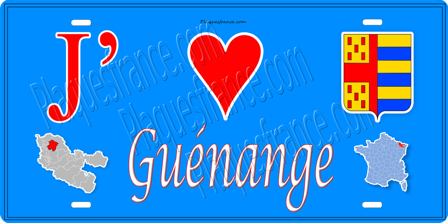 Plaque métal décorative 15 x 30 cm fond mur bleu carte J' ❤️ Guénange, canton Metzervisse Moselle 57