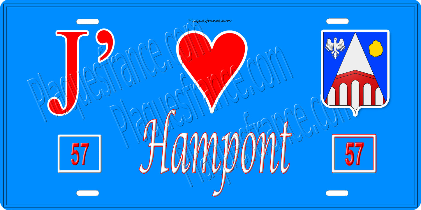 Plaque métal décorative 15 x 30 cm fond bleu 57 J' ❤️ Hampont, canton du Saulnois Moselle 57