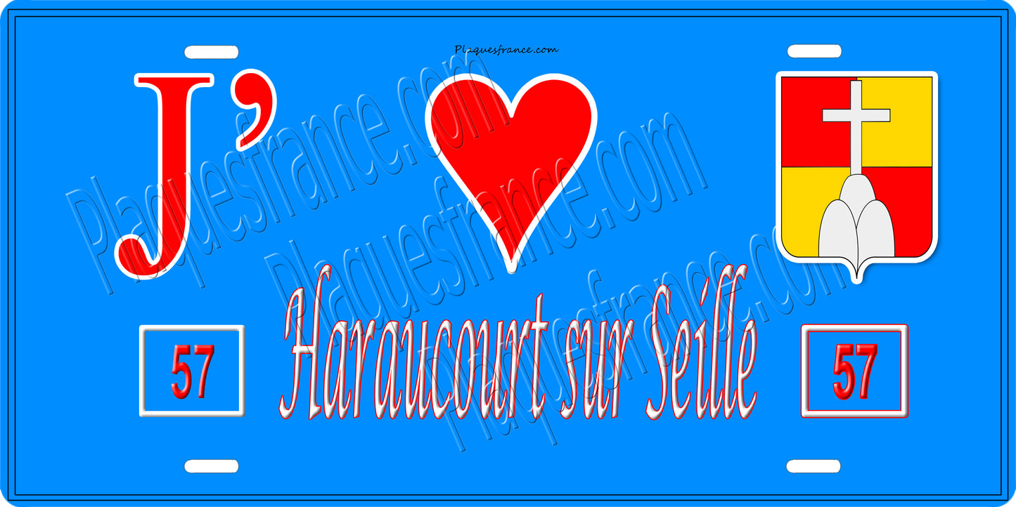Plaque métal décorative 15 x 30 cm fond bleu 57 J' ❤️ Haraucourt sur Seille, canton du Saulnois Moselle 57