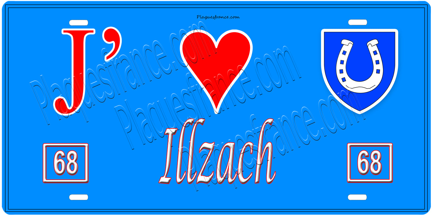 Plaque métal décorative, J' ❤️Illzach, Haut Rhin, fond mur bleu 68