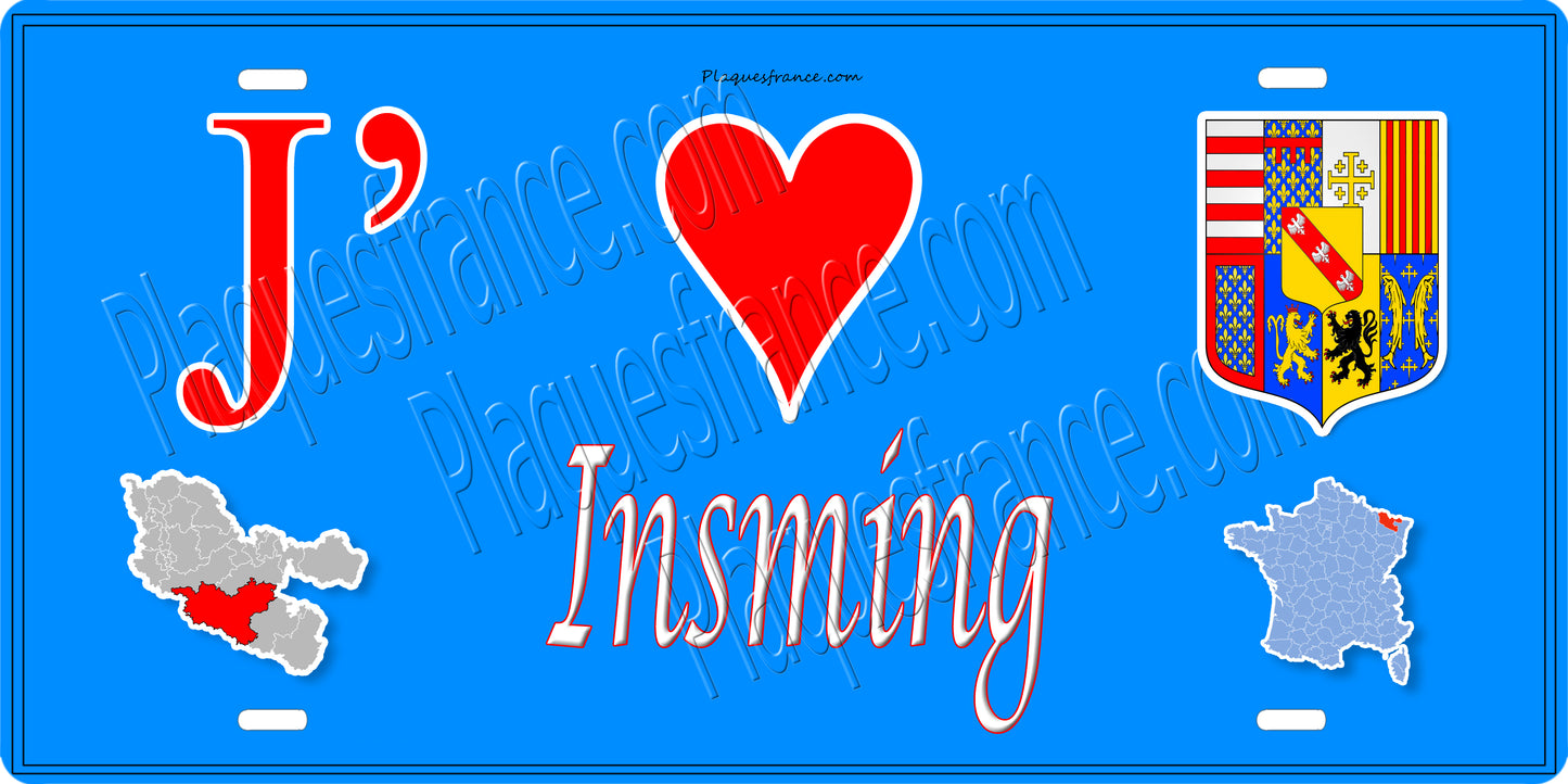 Plaque métal décorative 15 x 30 cm fond bleu carte J' ❤️ Insming, canton du Saulnois Moselle 57