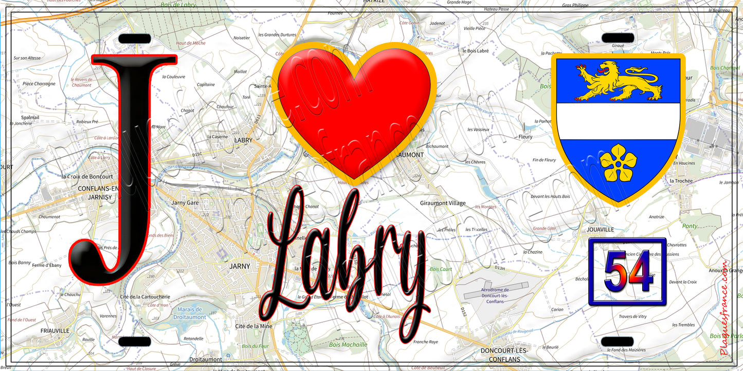 Plaque métal décorative J' ❤️ Labry, Meurthe et Moselle (54)
