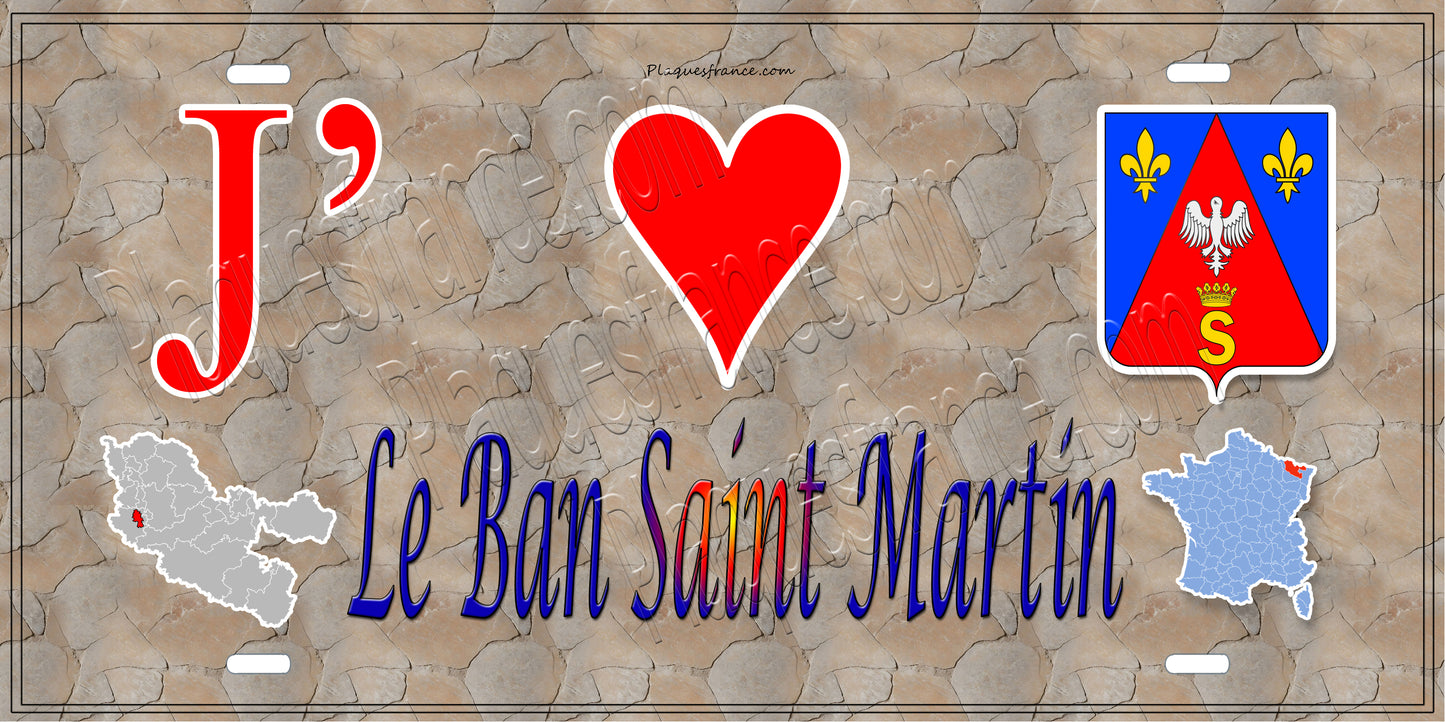 Plaque métal décorative 15 x 30 cm fond mur antique carte J' ❤️Le Ban Saint Martin, canton de Montigny-lès-Metz Moselle 57