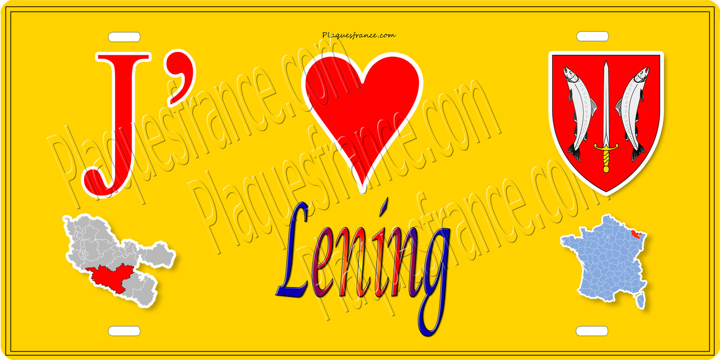 Plaque métal décorative 15 x 30 cm fond jaune carte J' ❤️ Léning, canton du Saulnois Moselle 57