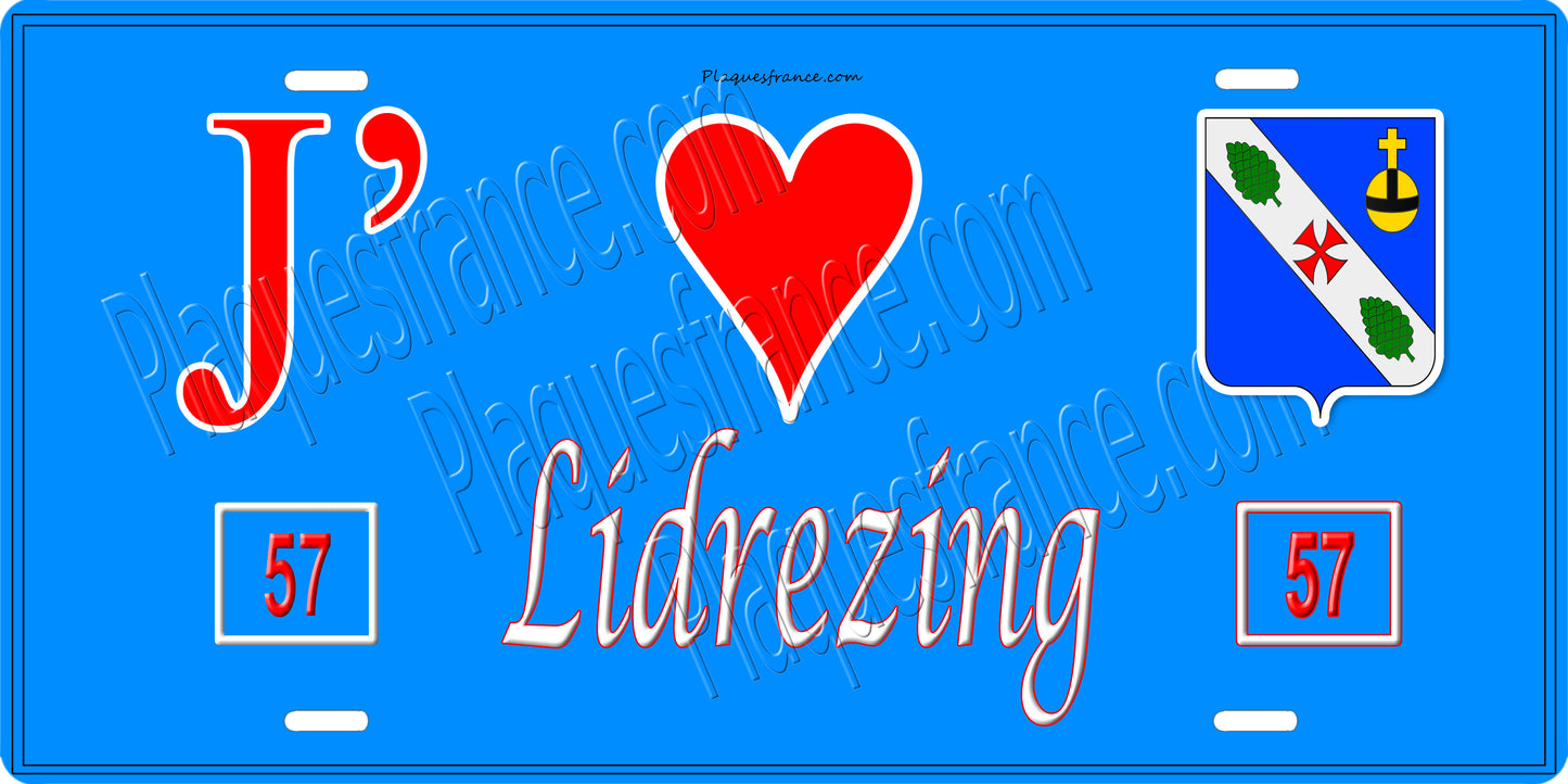 Plaque métal décorative 15 x 30 cm fond bleu 57 J' ❤️Lidrezing, canton du Saulnois Moselle 57
