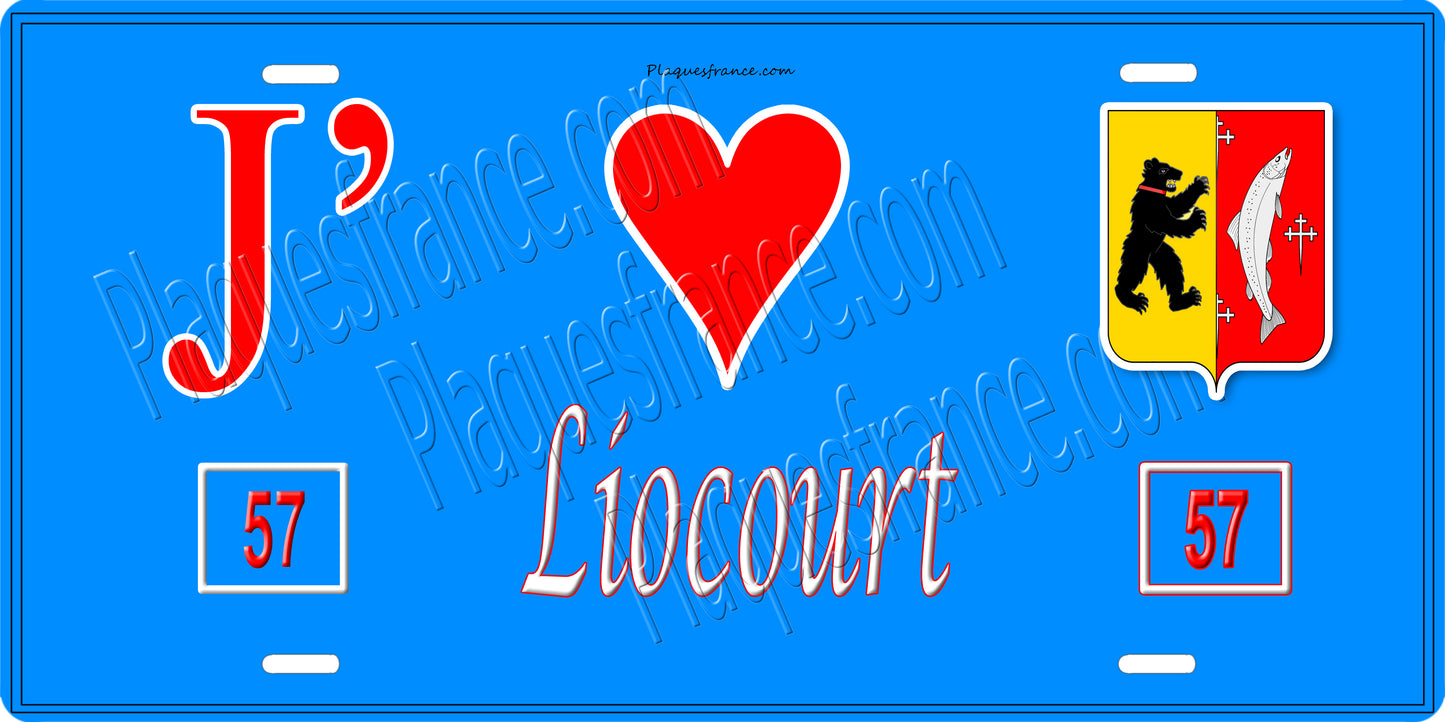 Plaque métal décorative 15 x 30 cm fond bleu 57 J' ❤️Liocourt, canton du Saulnois Moselle 57