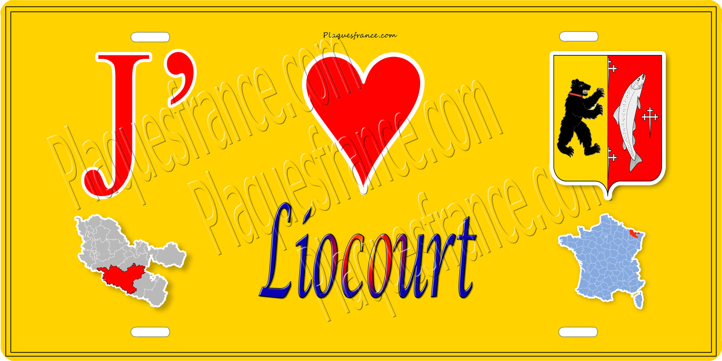 Plaque métal décorative 15 x 30 cm fond jaune carte J' ❤️Liocourt, canton du Saulnois Moselle 57