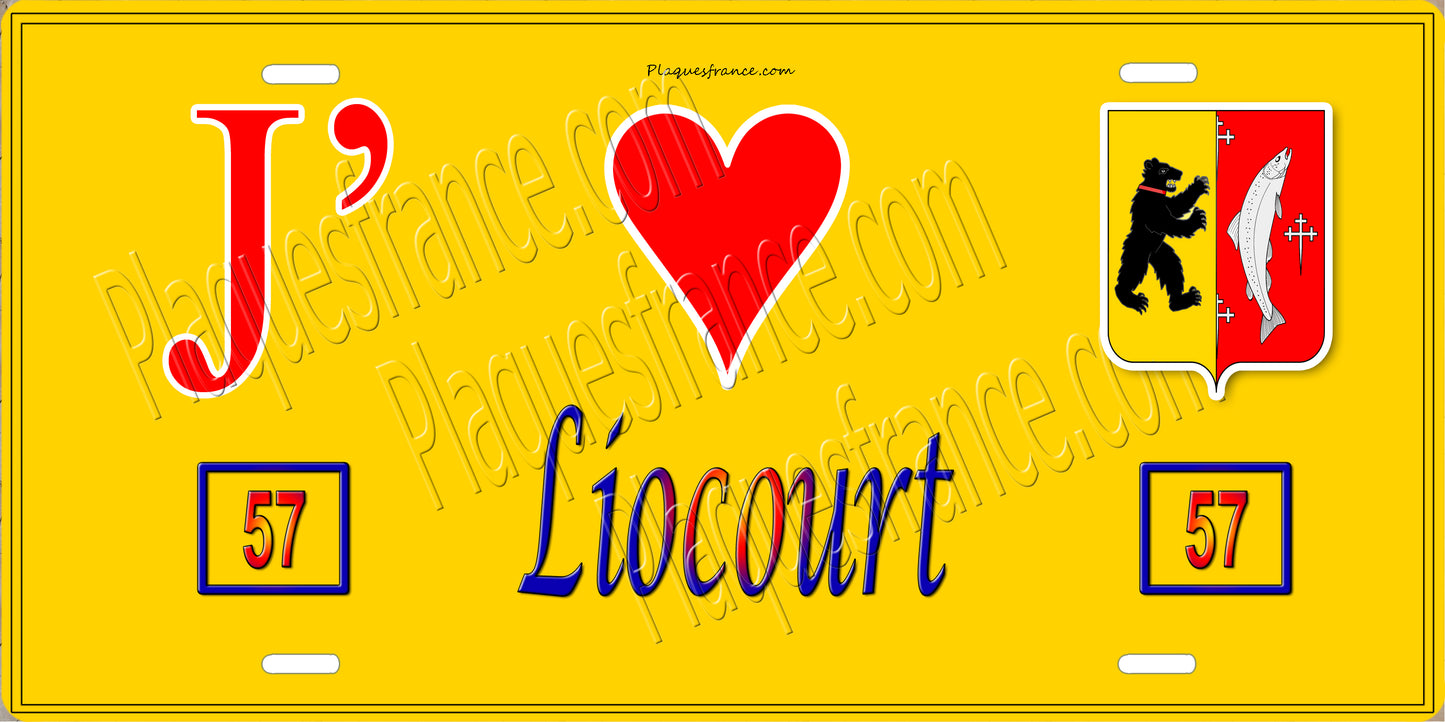 Plaque métal décorative 15 x 30 cm fond jaune 57 J' ❤️Liocourt, canton du Saulnois Moselle 57