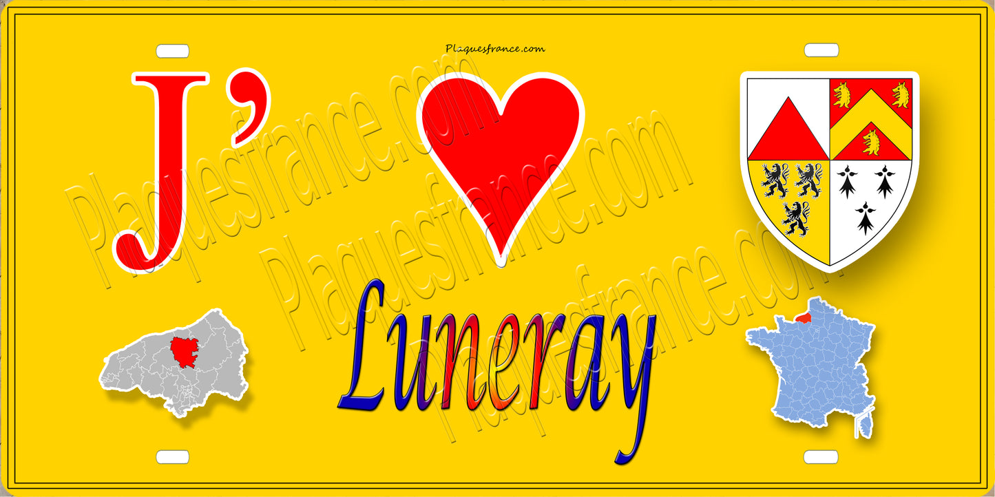 Plaque métal décorative 15X30 J' ❤️ Luneray, Seine Maritime (76) jaune carte