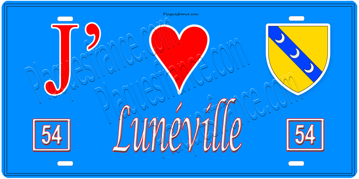 Plaque métal décorative, J' ❤️Lunéville, Meurthe et Moselle, fond mur bleu 54