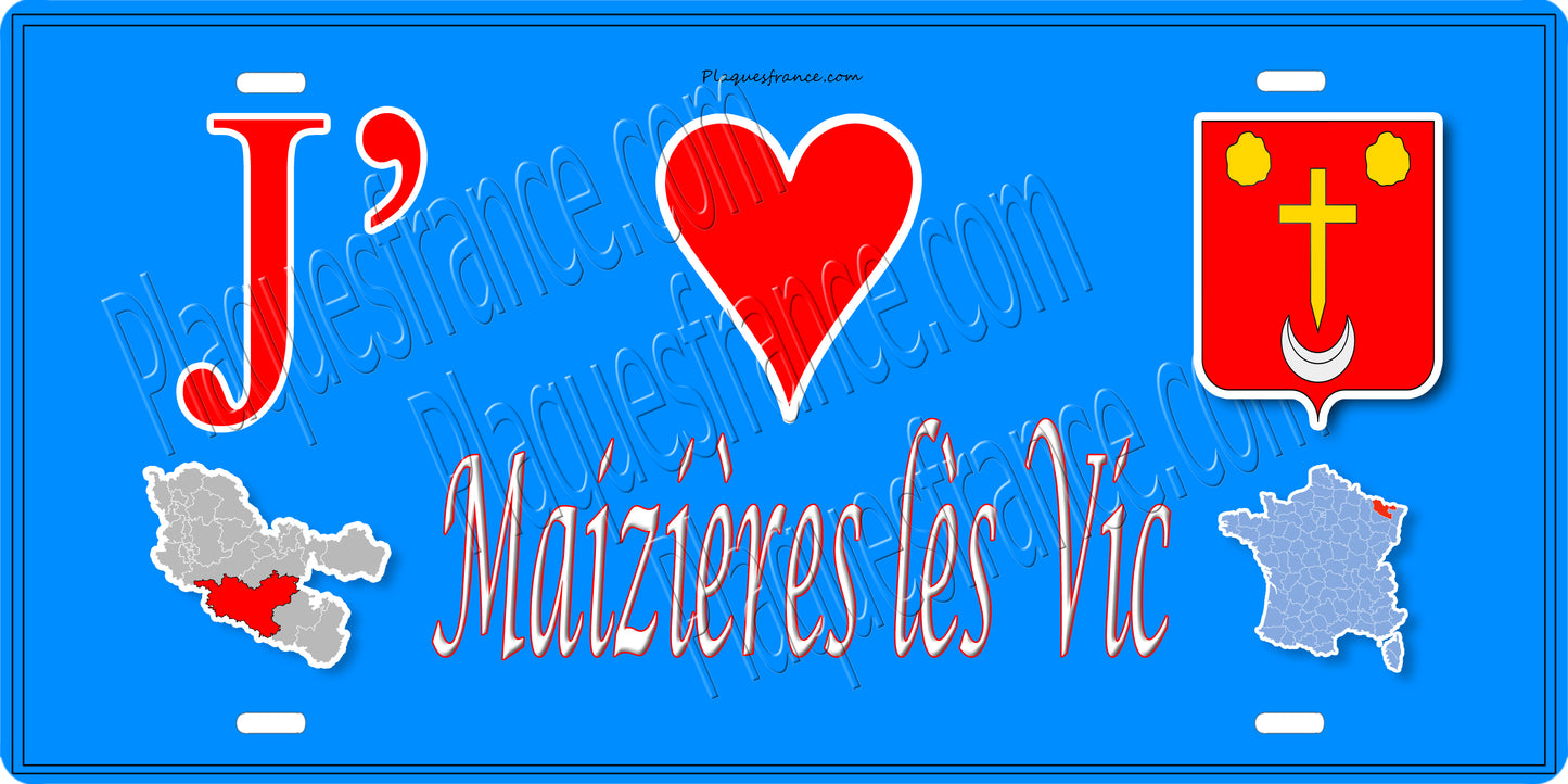 Plaque métal décorative 15 x 30 cm fond bleu carte J' ❤️ Maizières-lès-Vic, canton du Saulnois Moselle 57