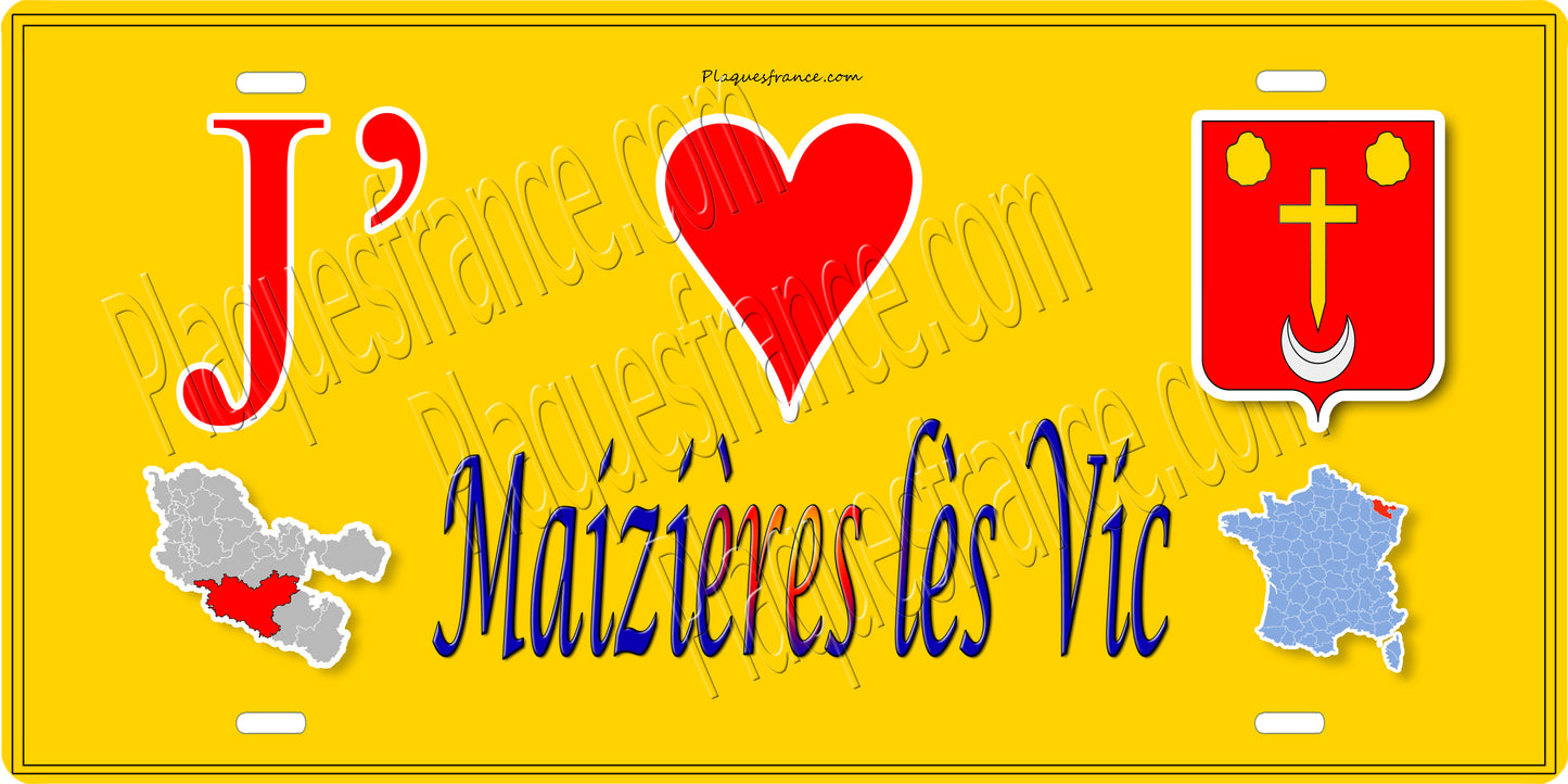 Plaque métal décorative 15 x 30 cm fond jaune carte J' ❤️ Maizières-lès-Vic, canton du Saulnois Moselle 57