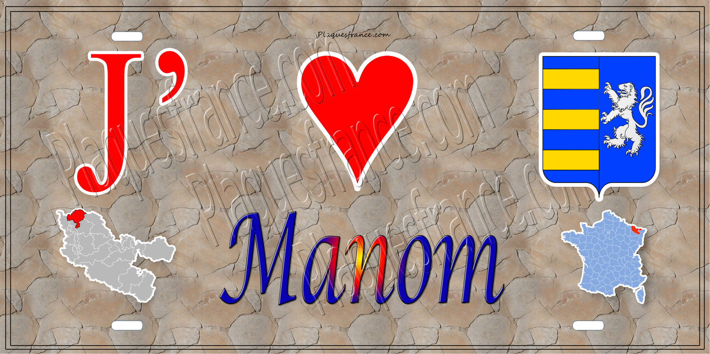 Plaque métal décorative 15 x 30 cm fond mur antique carte J' ❤️ Manom, canton Yutz Moselle 57