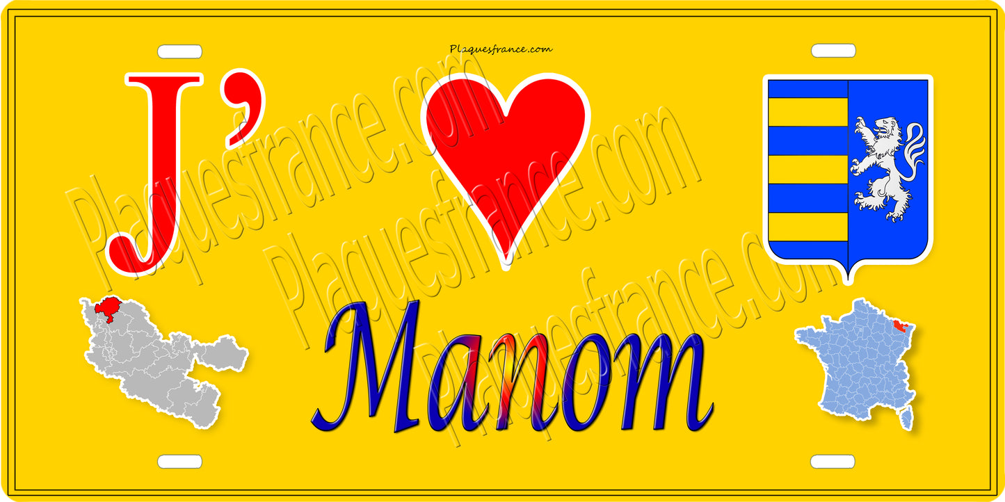 Plaque métal décorative 15 x 30 cm fond mur jaune carte J' ❤️ Manom, canton Yutz Moselle 57