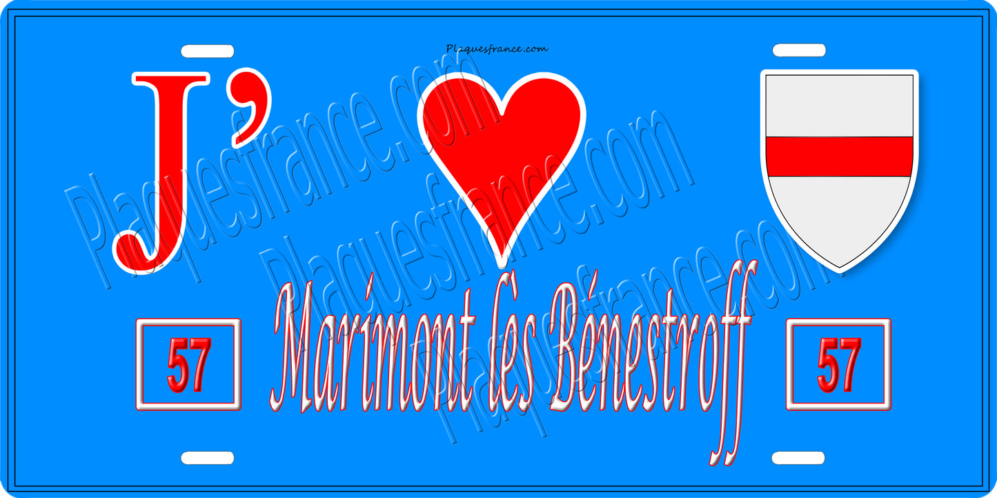Plaque métal décorative 15 x 30 cm fond bleu 57 J' ❤️Marimont lès Bénestroff, canton du Saulnois Moselle 57