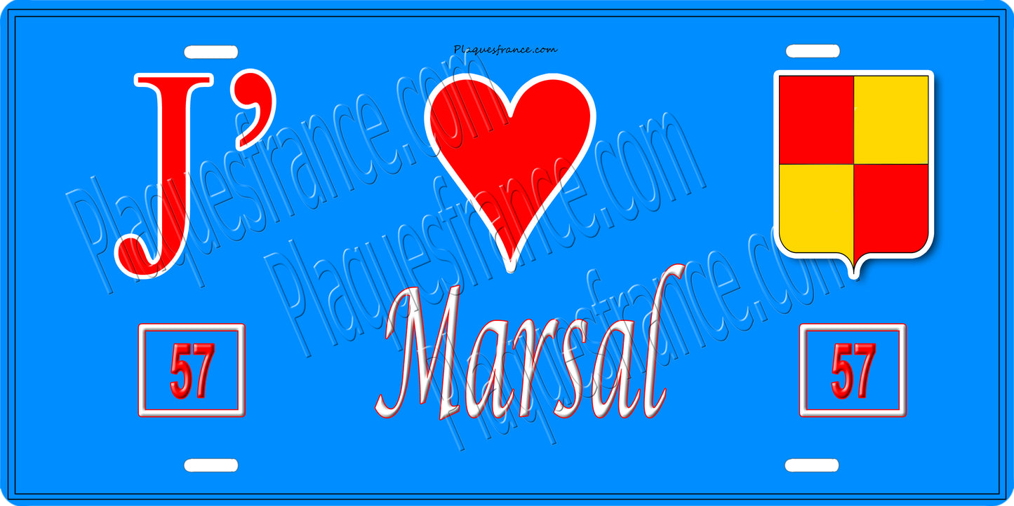 Plaque métal décorative 15 x 30 cm fond bleu 57 J' ❤️Marsal, canton du Saulnois Moselle 57