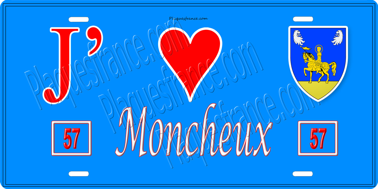 Plaque métal décorative 15 x 30 cm fond bleu 57 J' ❤️Moncheux, canton du Saulnois Moselle 57