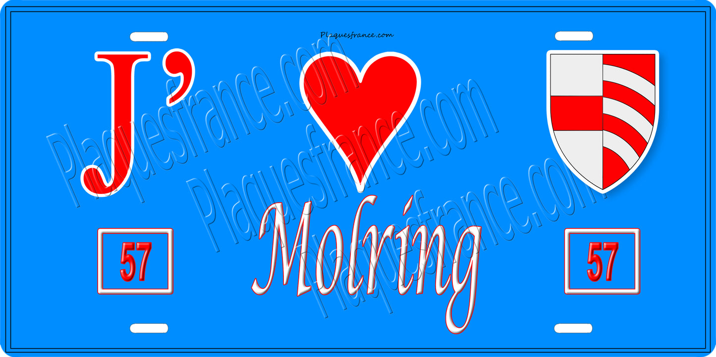 Plaque métal décorative 15 x 30 cm fond bleu 57 J' ❤️Molring, canton du Saulnois Moselle 57
