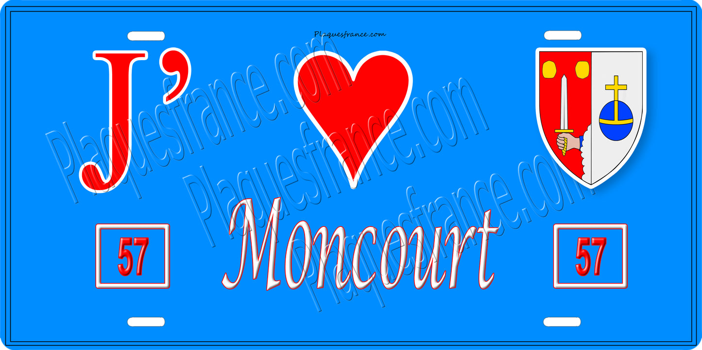 Plaque métal décorative 15 x 30 cm fond bleu 57 J' ❤️Moncourt, canton du Saulnois Moselle 57