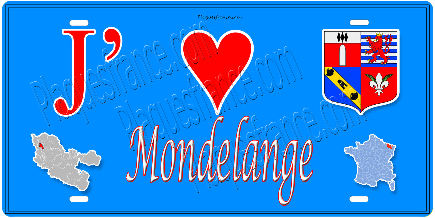 Plaque métal décorative 15 x 30 cm fond mur bleu carte J' ❤️ Mondelange, canton Fameck Moselle 57