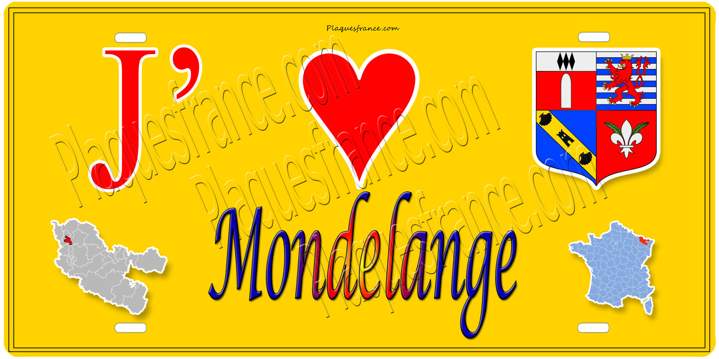 Plaque métal décorative 15 x 30 cm fond mur jaune carte J' ❤️ Mondelange, canton Fameck Moselle 57